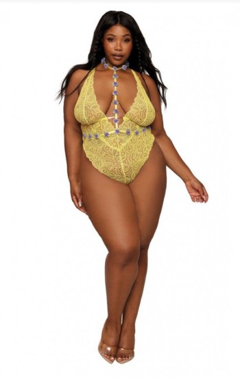 Stretch Lace Teddy and Organza Rosette Harness Set Stretch Lace Teddy and Organza Rosette Harness Set