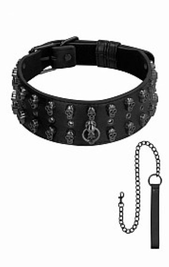 Neck Chain with Skulls and Leash – Black Neck Chain with Skulls and Leash – Black