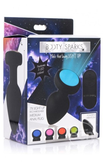 Booty Sparks Silicone Vibrating LED Plug Medium Black Booty Sparks Silicone Vibrating LED Plug Medium Black