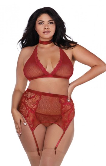 3pc Mesh and Lace Bra Garterbelt and Panty Set 3pc Mesh and Lace Bra Garterbelt and Panty Set