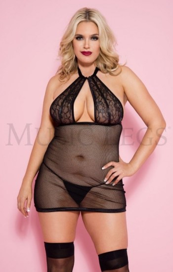 Fishnet Halter Mini Dress With Lace Top Fishnet Halter Mini Dress With Lace Top