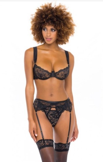 Gabrielle Scalloped Eyelash Lace and Satin Bra Garterbelt and Panty Set Gabrielle Scalloped Eyelash Lace and Satin Bra Garterbelt and Panty Set