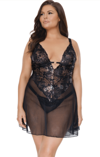 Metallic Floral Lace and Mesh Babydoll Metallic Floral Lace and Mesh Babydoll