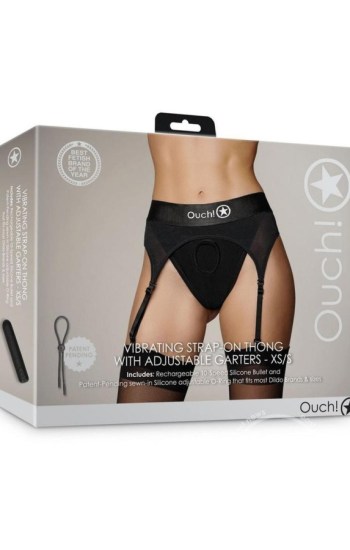 Ouch! Vibrating Strap-On Thong with Adjustable Garters XS/SM Black Ouch! Vibrating Strap-On Thong with Adjustable Garters XS/SM Black