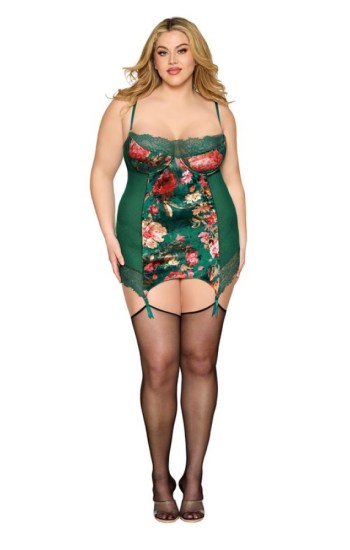 Floral Print and Mesh Gartered Chemise Floral Print and Mesh Gartered Chemise
