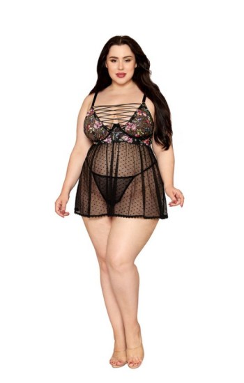 Floral Embroidered Mesh Babydoll Floral Embroidered Mesh Babydoll