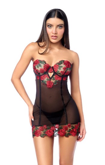 Rose Embroidered Sheer Mesh Babydoll Rose Embroidered Sheer Mesh Babydoll