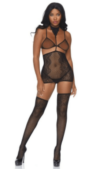 3pc Lace Halter Garter Skirt Bikini Top & Thigh Highs 3pc Lace Halter Garter Skirt Bikini Top & Thigh Highs