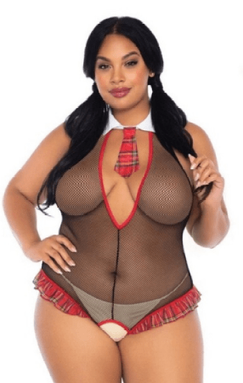 Schoolgirl Ruffle Fishnet Deep V Crotchless Teddy Schoolgirl Ruffle Fishnet Deep V Crotchless Teddy