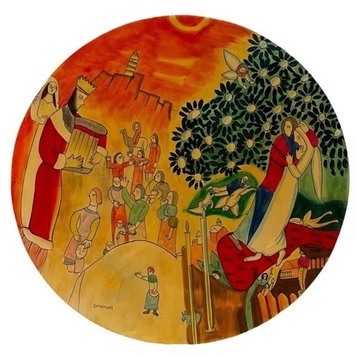 Hand Painted Wood Footed Plater Yair Emanuel Judaica Signed Hand Painted Wood Footed Plater Yair Emanuel Judaica Signed