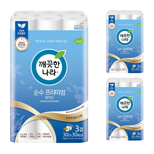깨끗한나라 3겹 데코 순수 프리미엄 와이드 천연펄프 롤화장지 30m, 30개입, 1개