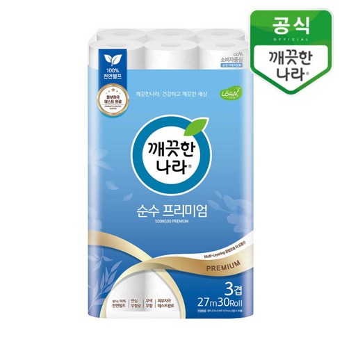 깨끗한나라 3겹 순수 프리미엄 화장지 27m, 30개입, 1개