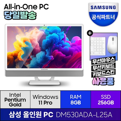삼성전자 올인원 일체형 PC 프로스트 화이트 DM530ADA-L25A (펜티엄골드 7505 60.5cm WIN11 Pro) 기업용 사무용 학습용, RAM 4GB + SSD 128GB