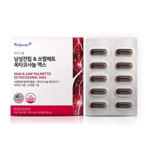 바디스콥 남성전립 쏘팔메토 옥타코사놀 맥스 1100mg x90캡슐 3개월 로르산 115mg 남성 전립선 건강 지구력 잔뇨감 면역 비타민 B E 아연 마카 인삼 마늘 건강기능식품, 90정, 1개