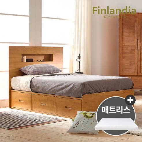 핀란디아 아미가 SS침대(서랍형)+코튼 매트리스, 오크