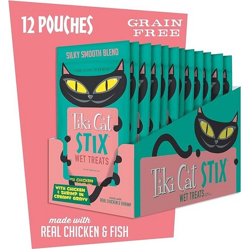 TIKI PETS Tiki Cat Stix 젖은 고양이 간식 치킨 새우 3온스. 파우치(12개입) 6개입(12팩)