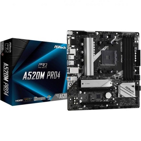 ASRock A520M Pro4 AMD 라이젠 3000/4000 시리즈 Sock AM4 A520 칩셋 호환 마이크로 ATX 마더보드 [국내공인딜러상품] 367936, 단품