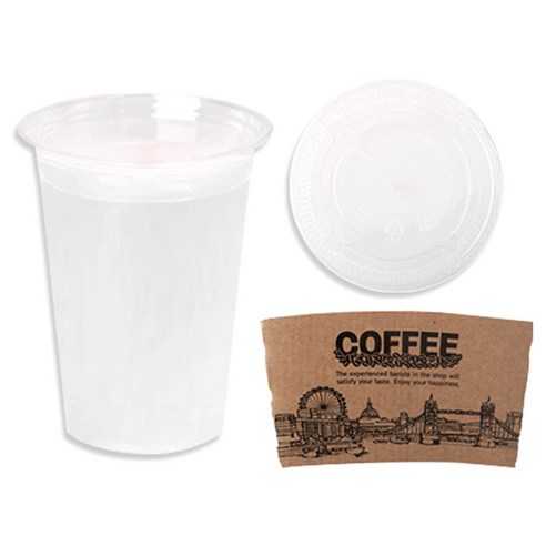 투명 PET 아이스컵+평뚜껑+홀더, 410ml, 100개, 1세트
