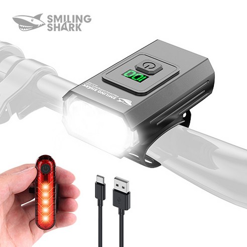 SmilingShark 공식스토어 자전거라이트 충전식 LED 전조등 및 레드 후미등 IPX6 방수 강력한 안전 야간 사이클 킥보드 자전거랜턴, 1세트, 블랙