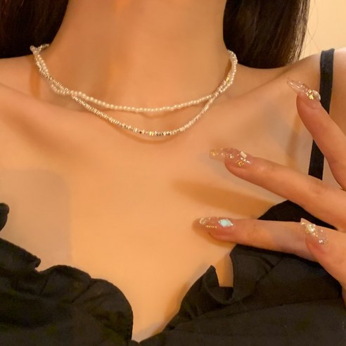 글로리유 두줄 실버 진주 레이어드 목걸이
