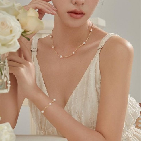 르누벨 14K 담수 진주 쇄골 여성 체인 목걸이+진주 팔찌 악세서리