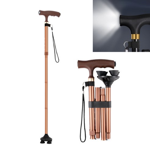 MIROSE 초경량 접이식 어르신 지팡이 노인 네발 지팡이 5단조절 LED, 1개, MRS_GOLD
