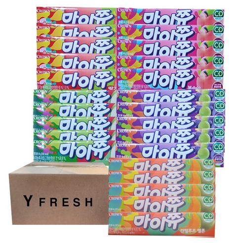 [YFRESH]마이쮸 44g 5종 x 5개 딸기 5개 포도 5개 사과 5개 복숭아 5개 캔털루프 멜론 5개 총 25개 + YFRESH박스