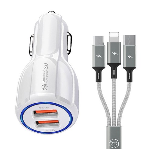 디지지 차량용 35W 2포트 고속 충전기 + 스카이 메타 3 in 1 멀티 충전 케이블 70cm, 화이트(충전기), 메탈실버(충전 케이블), 충전기(D21-0809), 충전 케이블(DGG-530)