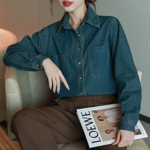 IBOY UGIRL 여성 봄 가을 긴 소매 복고 데님 셔츠