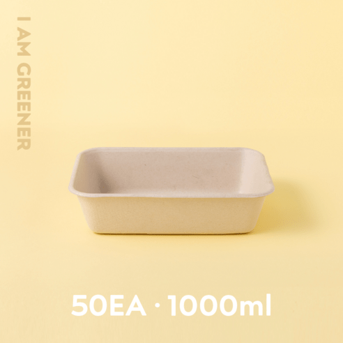 아이엠그리너 1칸 사각 밀짚 펄프 용기 + PLA 투명 뚜껑 세트 1000ml, 2개, 50세트