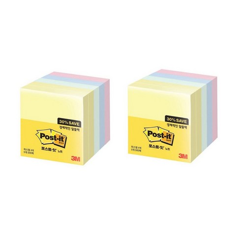 쓰리엠 알뜰팩 포스트잇 76 x 76 mm 654-5A 500p, 노랑, 애플민트, 크림블루, 러블리핑크, 2개