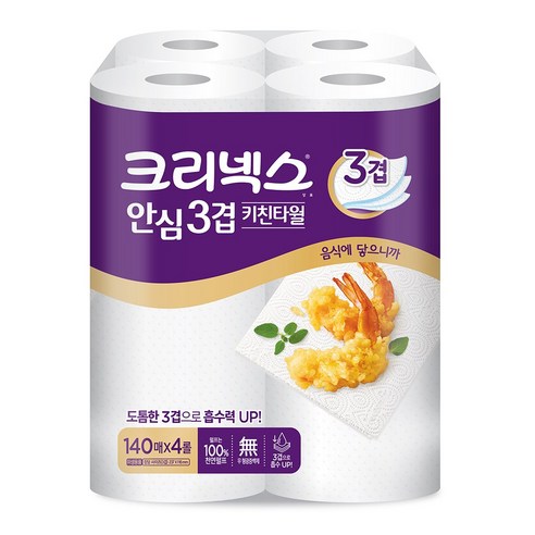 크리넥스 프리미엄 안심 3겹 천연펄프 롤키친타올 140매, 1팩, 4롤