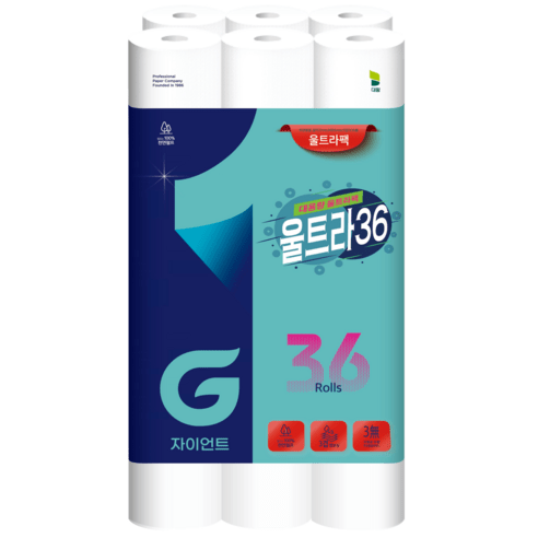 자이언트 울트라 36 천연펄프 대용량 화장지 2팩 총 72롤, 36개입, 2개