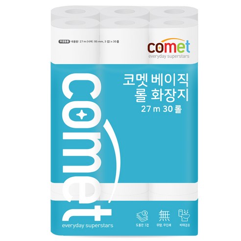 코멧 베이직 3겹 롤화장지 27m, 30롤, 1팩