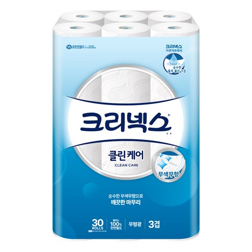 크리넥스 3겹 클린케어 천연펄프 화장지 25m, 30롤, 1팩