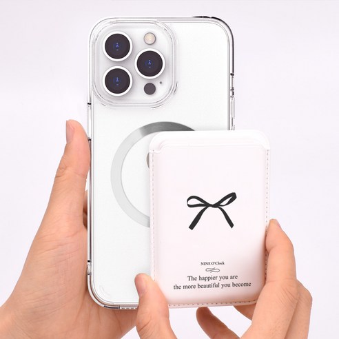 나인어클락 메르헨 리본 맥세이프 가죽 카드지갑 발레 리본 자력강화 듀얼 마그넷 Magsafe 실버 가죽 카드포켓 커플 우정템, 1개, 메르헨 실버 블랙