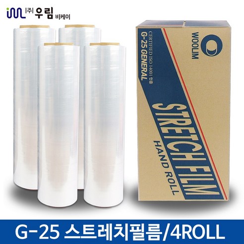 스트레치필름 공업용랩 포장랩 파렛트랩 산업용 비닐랩 25MIC 250M x 4개 G25, 투명