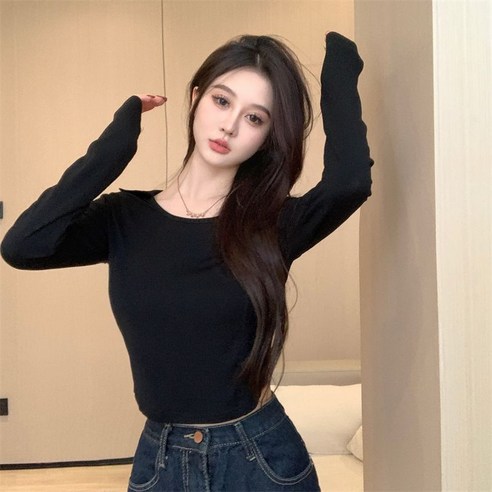 퓨어 칼라 라운드 스키니 블랙 이너티 여 봄 숏 크롭 어디에나 잘 어울리는 슬림한 긴팔 상의