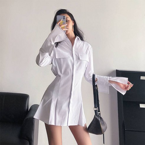 유럽과 미국의 봄 새 셔츠 디자인 감각 트럼펫 소매 기질 허리 얇은 옷깃 긴팔 드레스 여성