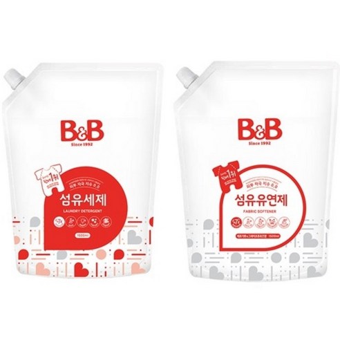 비앤비 유아용 섬유유연제 자스민 앤 로즈 리필 1500ml + 섬유세제 리필 1500ml, 2세트