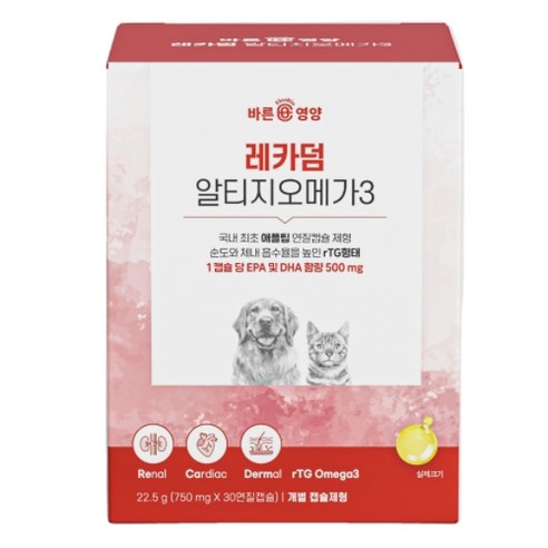 바른뉴트리펫 레카덤 알티지 오메가3 강아지 고양이 애견 반려동물 개 영양제 캡슐 심장 간 피부 털개선 눈 관절, 1개, 면역력 강화
