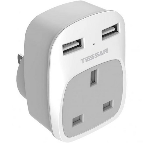 TESSAN UK to US 플러그 어댑터 AC 콘센트 2 USB 포트가 있는 전원 타입 영국 아일랜드 싱가포르 홍콩 플러그를 B USA 여행 유럽 어댑터로 변환, White-grey