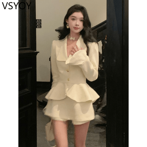 vsyoy 세트 여성의 가을 새로운 트럼펫 소매 세트 재킷 높은 허리 절반 길이 투피스 세트