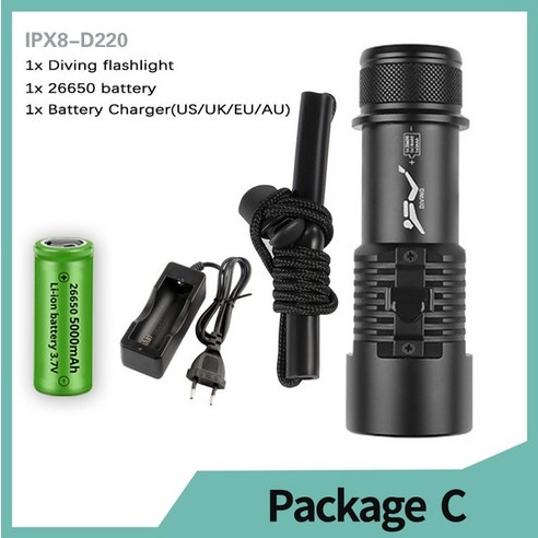 슈퍼 5000LM XHP702 전문 다이빙 손전등 200m 수중 스쿠버 다이빙 토치 IPX8 방수 다이빙 라이트 26650 배터리, 2) Single light - XHP70.2 Yell