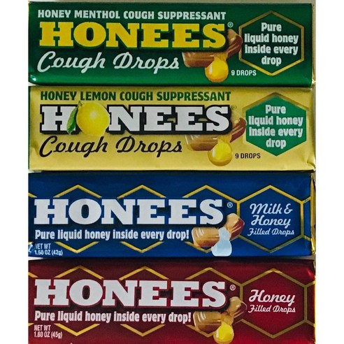 Honees Honey Drops 버라이어티 번들 각 맛 1개 - 우유 및 꿀 꿀 충전 허니 레몬 및 허니 멘톨 4팩