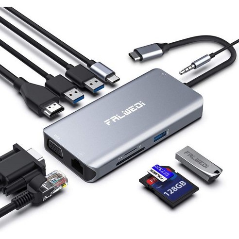 USB C 허브 Type 어댑터 Falwedi 10in1 Dongle이더넷 포함 4K30Hz HDMI VGA 3개의 3.0 SDTF 카드 리더 오디오 USBCPD MacBook, 10 IN 1 HUB