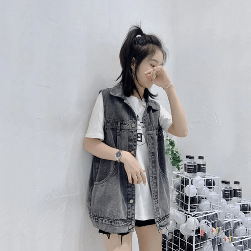 여성 봄 루즈핏 베스트 민소매 청조끼