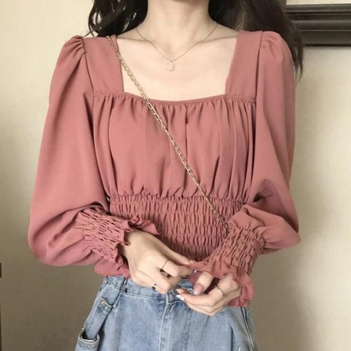 여성용 스퀘어넥 퍼프 긴팔 크롭 블라우스