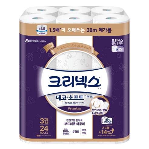 크리넥스 3겹 데코 앤 소프트 화이트 화장지 38m, 24롤, 3팩