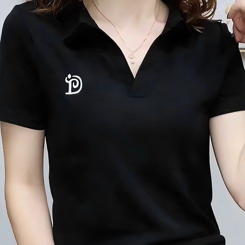 묘먀미 여성용 심플자수 오픈넥 골프 반팔 티셔츠 BB007